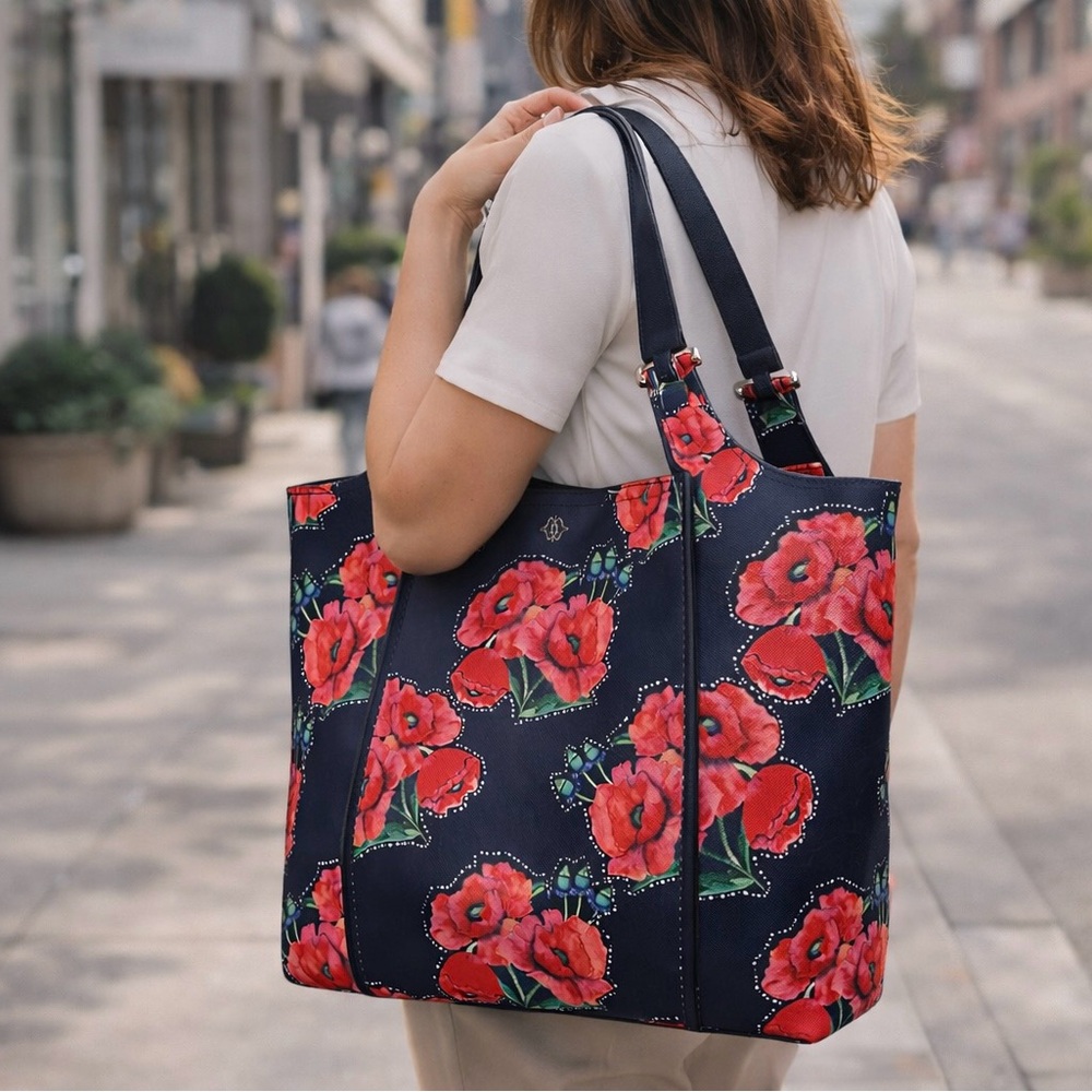 Nanette Lepore Floral Tote Bag Red Poppy Print Navy Large Shoulder Bag